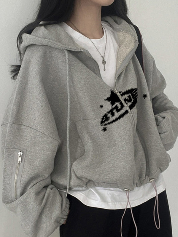 Star Letter Print Zipper Drawstring Hem Oversized Hoodie
