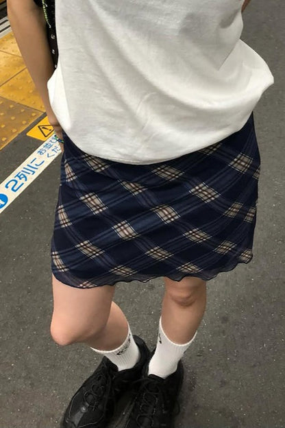 Sheer Mesh Panel Plaid Pencil Skirt