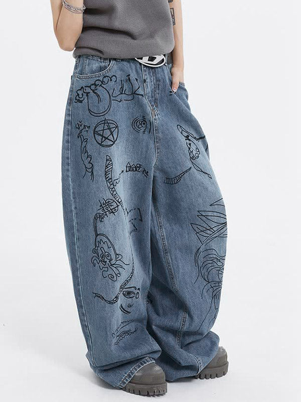 Interesting Graffiti Print Loose Boyfriend Jeans