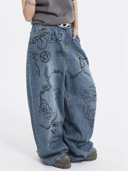 Interesting Graffiti Print Loose Boyfriend Jeans
