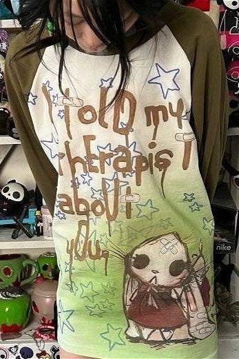 Y2K Punk Cartoon Graffiti Raglan Sleeve Casual Loose T-shirt