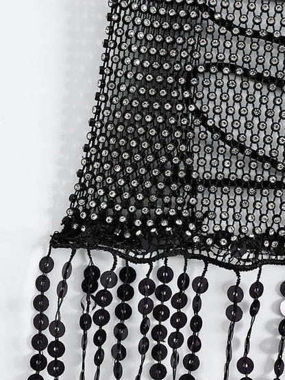 See Through Rhinestone Tassel Hem Bandeau Top