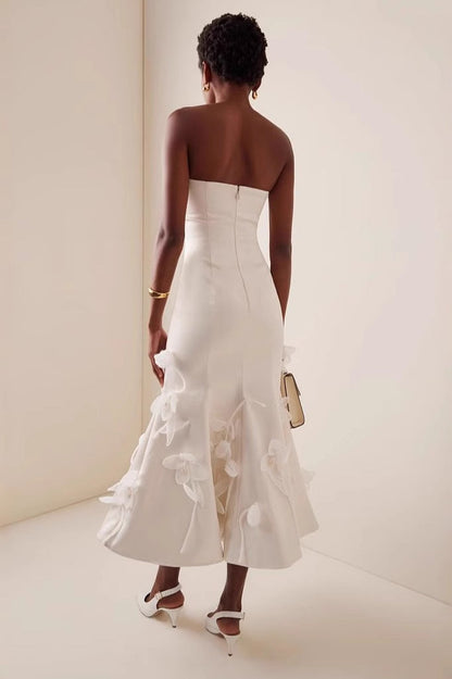White Strapless 3D Floral  High Waist Prom Dress