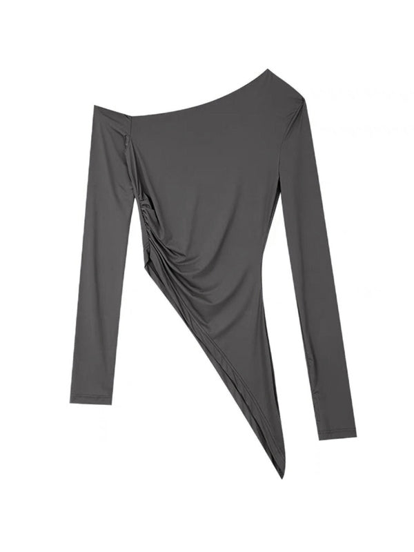 Slanted Shoulder Ruched Irregular Hem Long Sleeve Tee