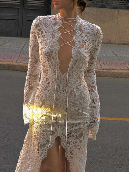 Deep V-Neck Strappy Slit For Slim Fit Maxi Dresses