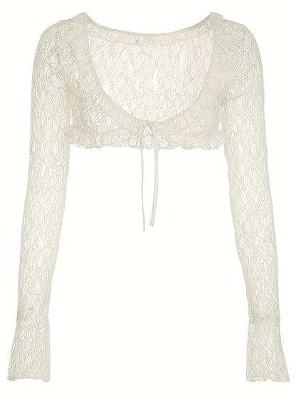 Chic Y2K-Inspired Sheer Lace Cropped Cardigan with Ruffle Hem - French Style Bell Sleeve V-Neck, Polyester Blend, Machine Washable - Versatile All-Season Top