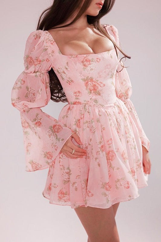 Rose Print Long Sleeve A-Line Floral Dress