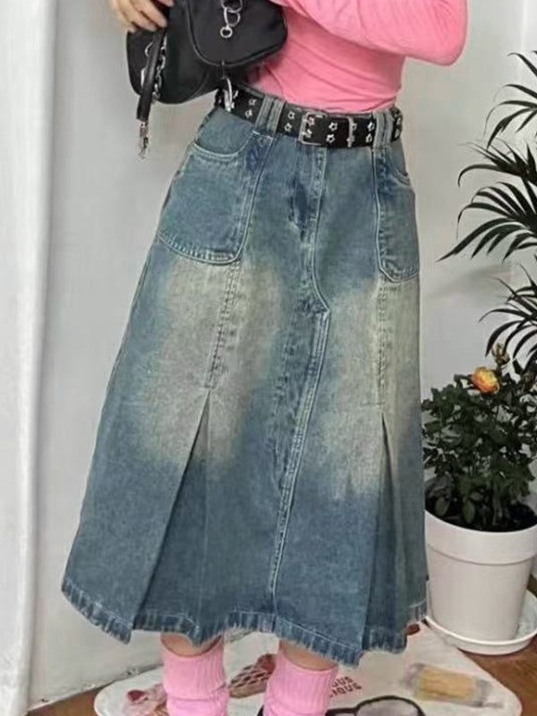 Distressed Pleated Design Midi Skirt