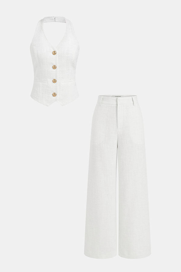 City Outfit Linen Blend Metal Button Halter Vest and Pocket Wide Leg Pants Set