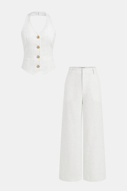 City Outfit Linen Blend Metal Button Halter Vest and Pocket Wide Leg Pants Set
