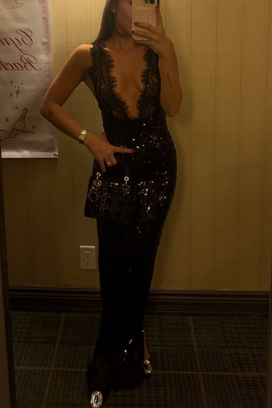 Lace-trimmed Deep V-neck Sequined Dress