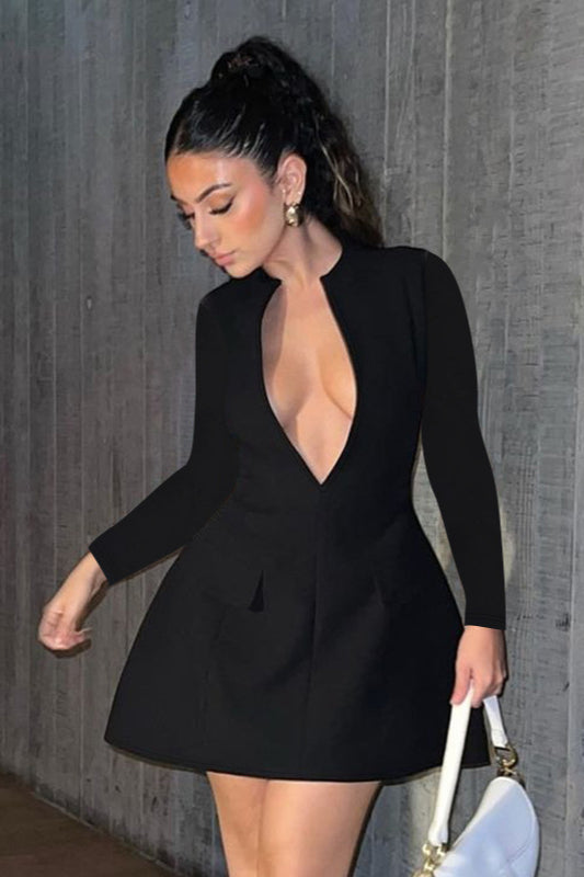 V-Neck Long Sleeve A-Line Mini Dress