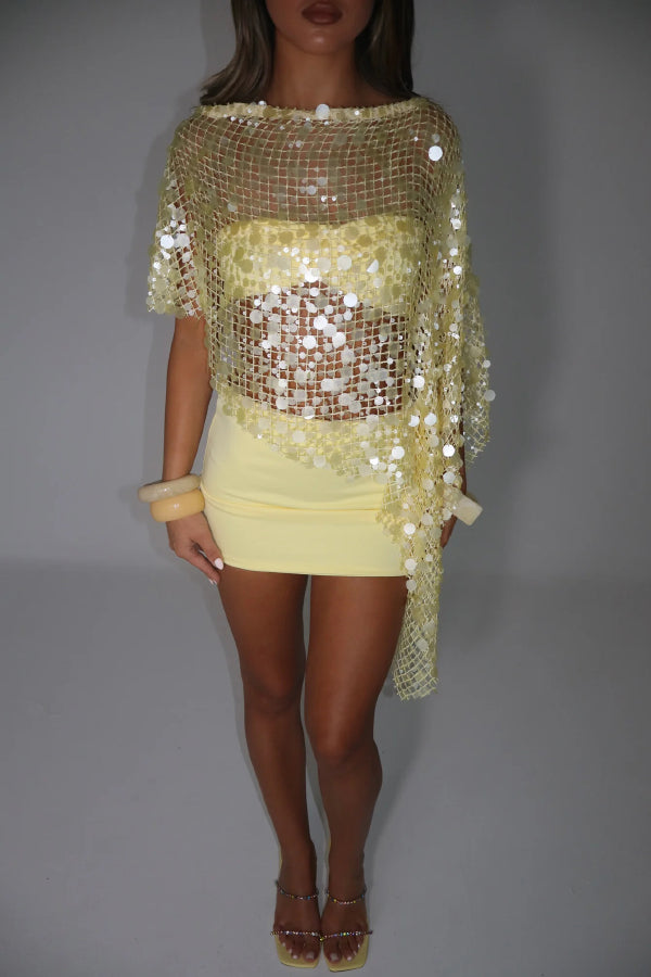 Fashionable Openwork Sequined Asymmetrical Loose-fitting Resort Cover-up