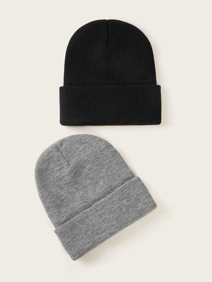 2pcs Solid Cuffed Knit Beanie for Women