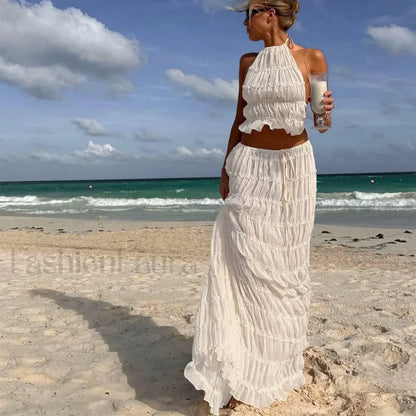 2Piece Skirt Set for Women Lace Up Back Tank Tops Tie Up High Waist Long Skirts Outfits Fairy Vacation Cottagecore Lace Dress