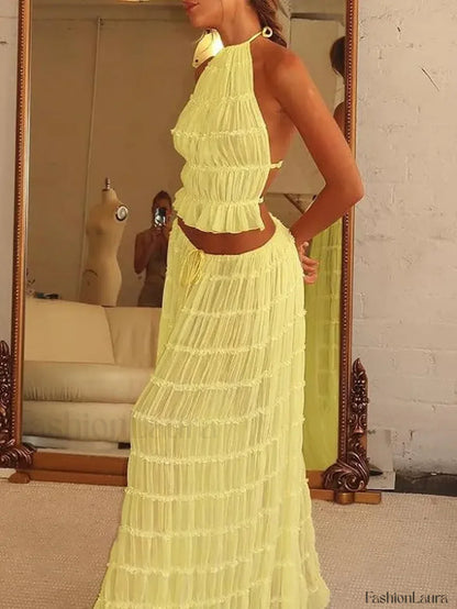 2Piece Skirt Set for Women Lace Up Back Tank Tops Tie Up High Waist Long Skirts Outfits Fairy Vacation Cottagecore Lace Dress