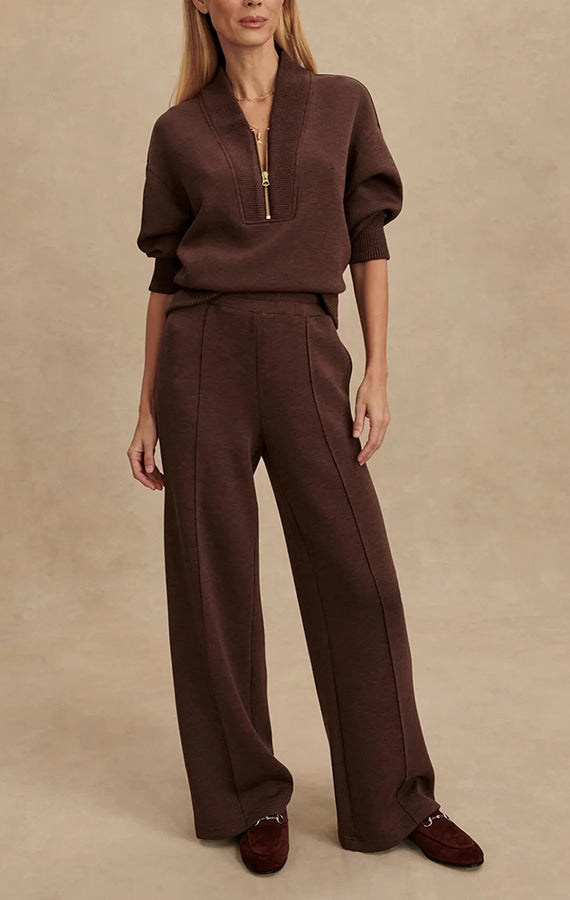 Meet The Autumn Ribbed Zipper Neck Sweatshirt and Elastic Waist Pocketed Loose Pants Set