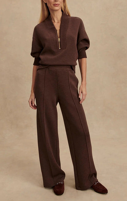 Meet The Autumn Ribbed Zipper Neck Sweatshirt and Elastic Waist Pocketed Loose Pants Set