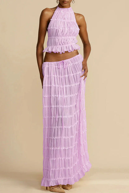Versatile retro charm pleated drawstring waistline long skirt set