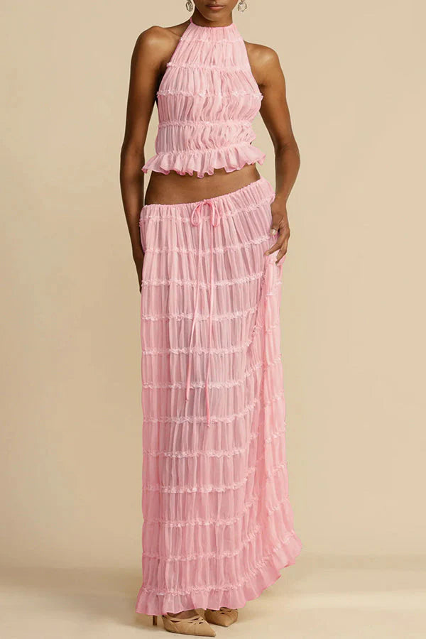 Versatile retro charm pleated drawstring waistline long skirt set