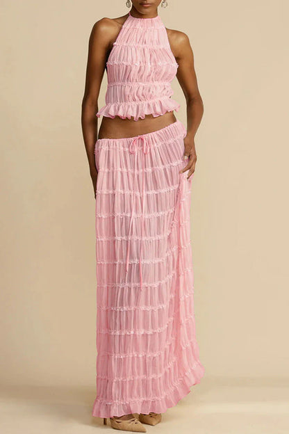 Versatile retro charm pleated drawstring waistline long skirt set