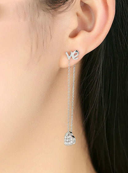 Sterling Silver Heart LOVE Long Earrings 925