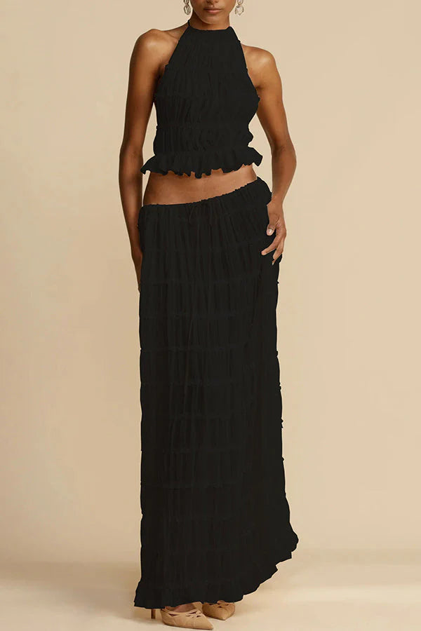 Versatile retro charm pleated drawstring waistline long skirt set