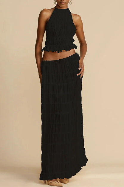 Versatile retro charm pleated drawstring waistline long skirt set