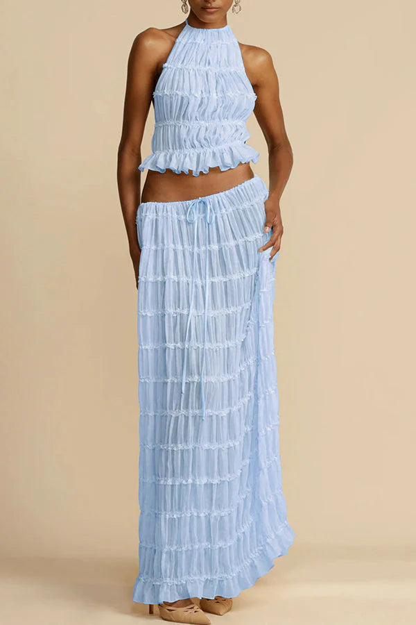 Versatile retro charm pleated drawstring waistline long skirt set
