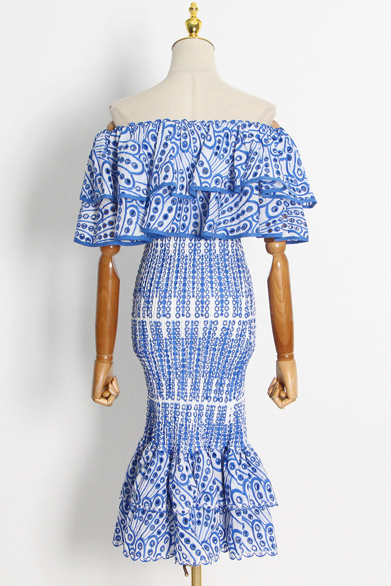 Conjunto de vestido largo con volantes escalonados y encaje bordado Dolly