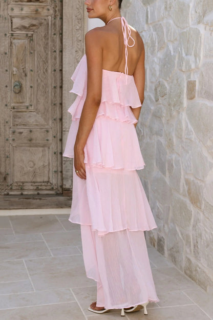 Solid Color Chiffon Halter Neck Elegant Ruffle Maxi Dress