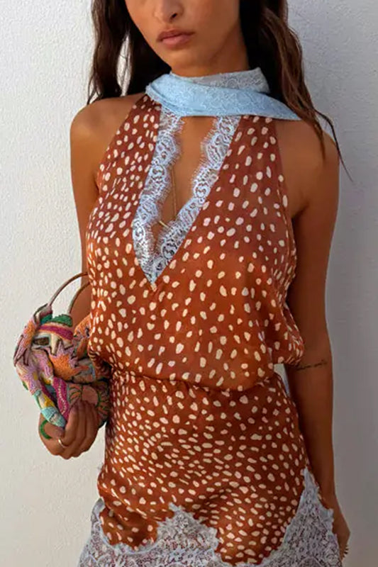 Stunning Fawn Print Contrast Color Satin Lace Trim Neck Strap Loose Tank