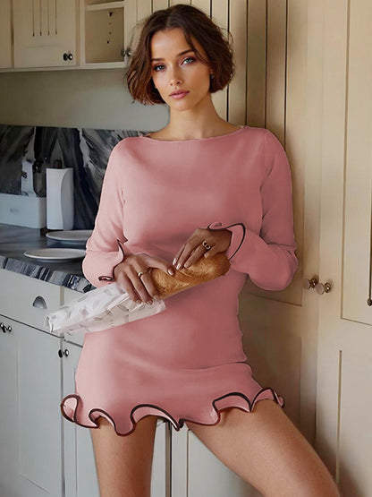 Soft Pink Bodycon Dress Elegant Pleated Long Sleeves Mini Dress For Women 2026
