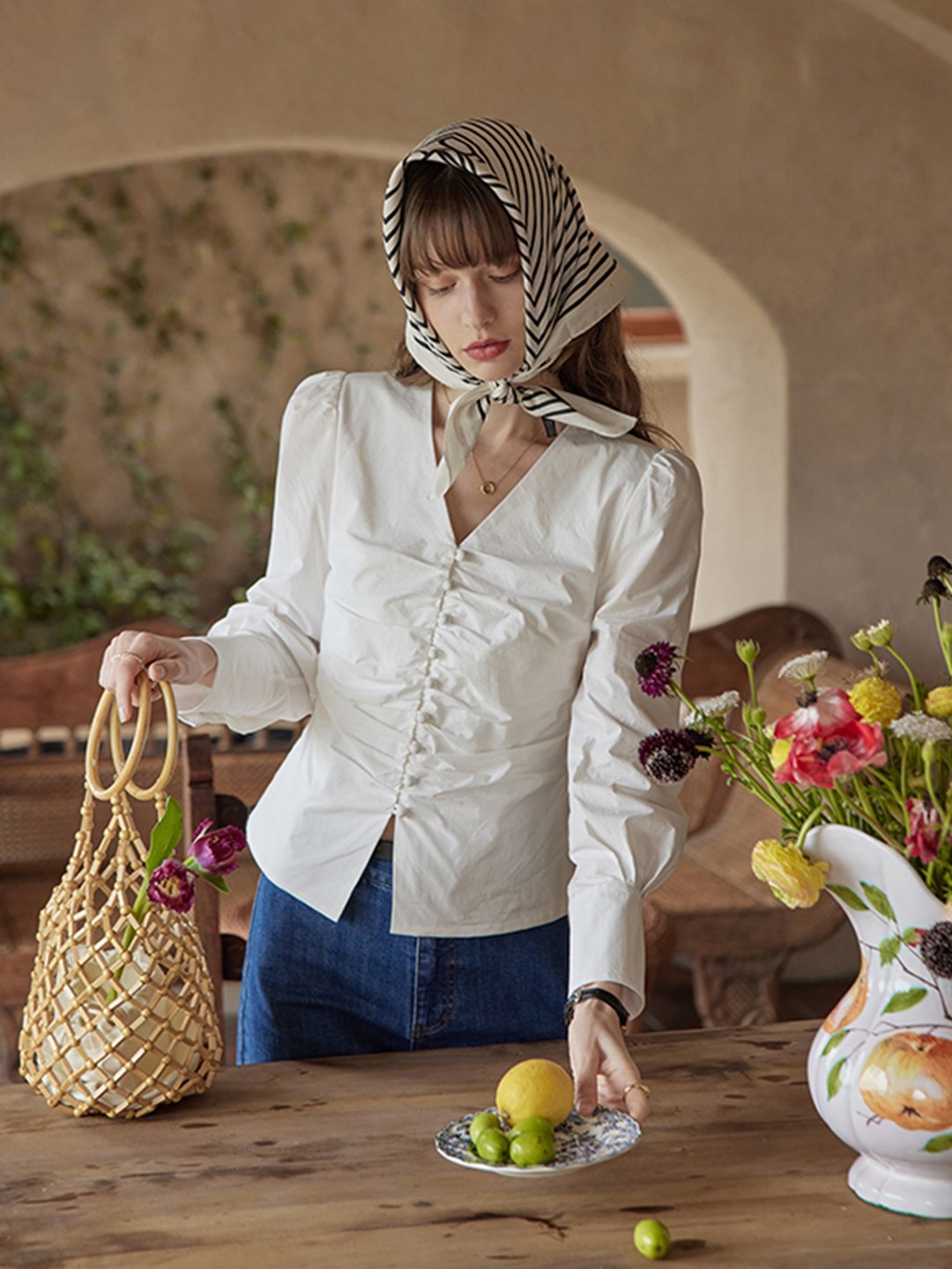 Jasmine Elegant V-Neck Puff sleeve Top-Blue