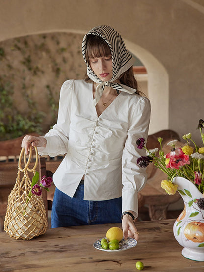 Jasmine Elegant V-Neck Puff sleeve Top-Blue