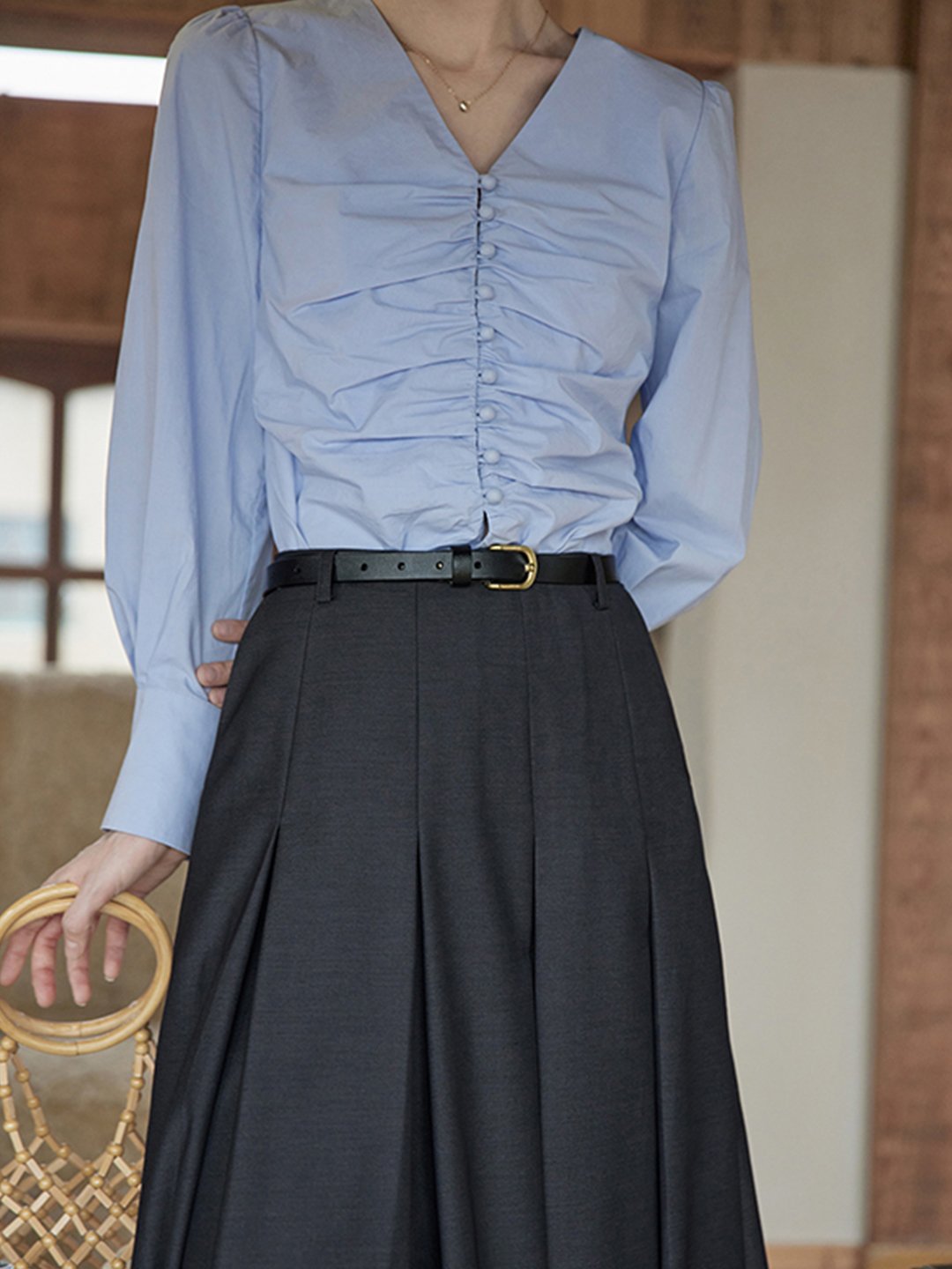 Jasmine Elegant V-Neck Puff sleeve Top-Blue