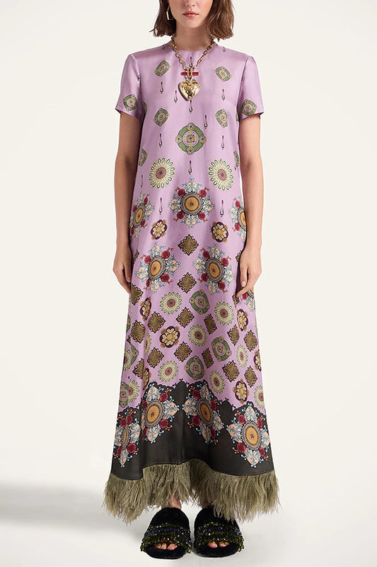 Lucia Satin Baroque Court Style Printed Short Sleeve Pocket Feather Trim Maxi Dress