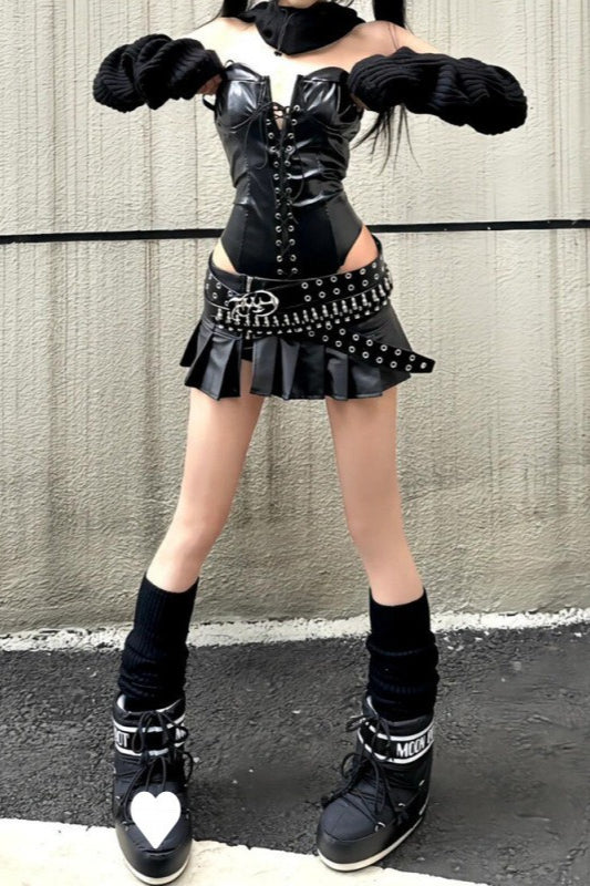 Sexy A-Line Biker Pleated Leather Mini Skirt