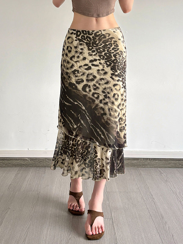 Leopard-Print Patchwork Bodycon Maxi Skirt