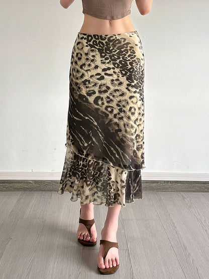 Leopard-Print Patchwork Bodycon Maxi Skirt