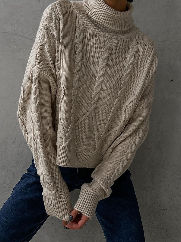 Solid Cable Knit High Neck Sweater