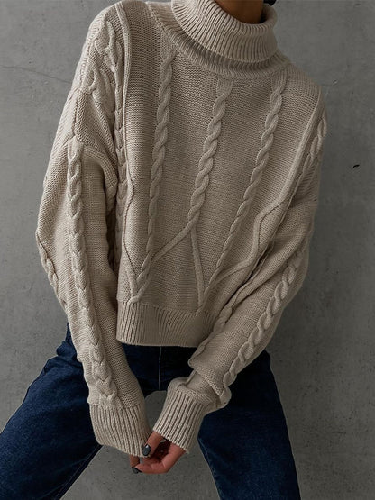 Solid Cable Knit High Neck Sweater