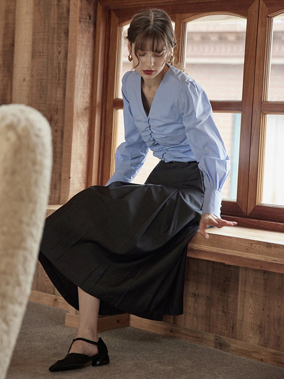 Jasmine Elegant V-Neck Puff sleeve Top-Blue