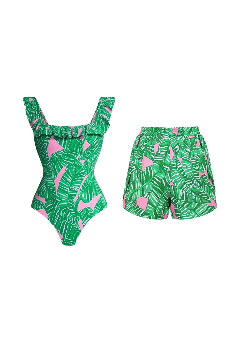 Traje de baño de una pieza con estampado de volantes verdes