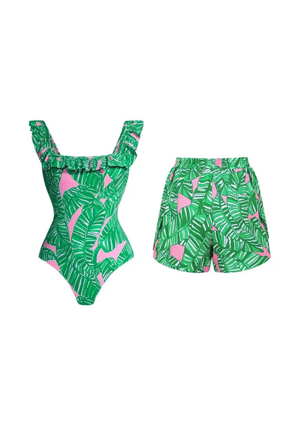 Traje de baño de una pieza con estampado de volantes verdes