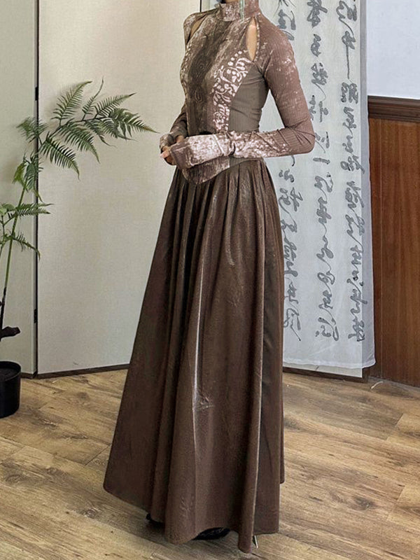 Tribal Print Splice Long Sleeve Maxi Dress