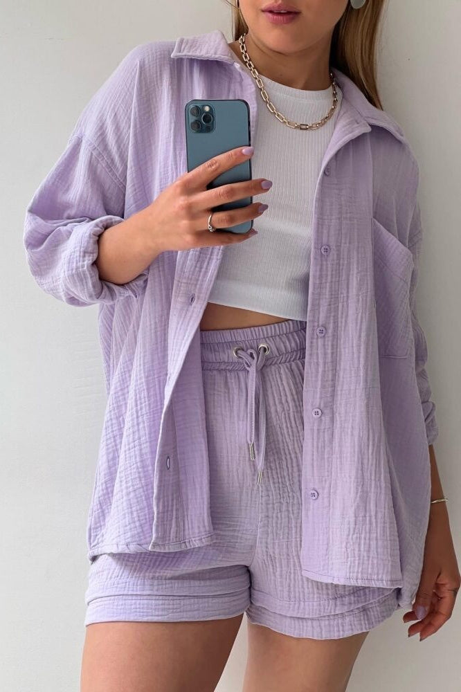 Textured Lapel Long Sleeve Top High Waist Shorts Set
