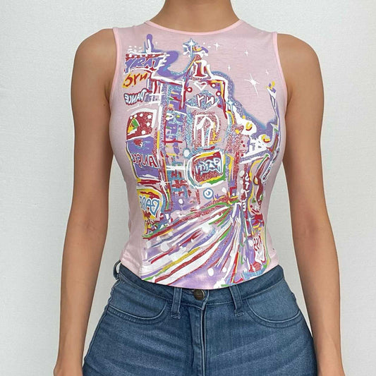 Sleeveless crewneck abstract contrast top