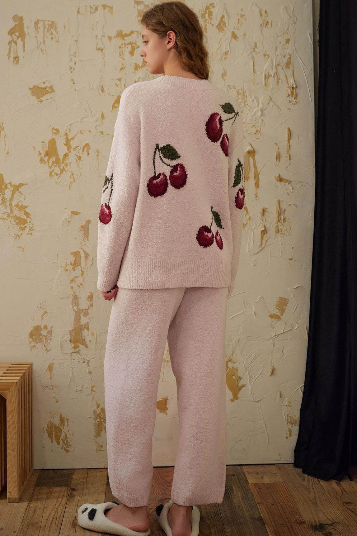 Conjunto de pijama tipo cárdigan de terciopelo suave con cerezas