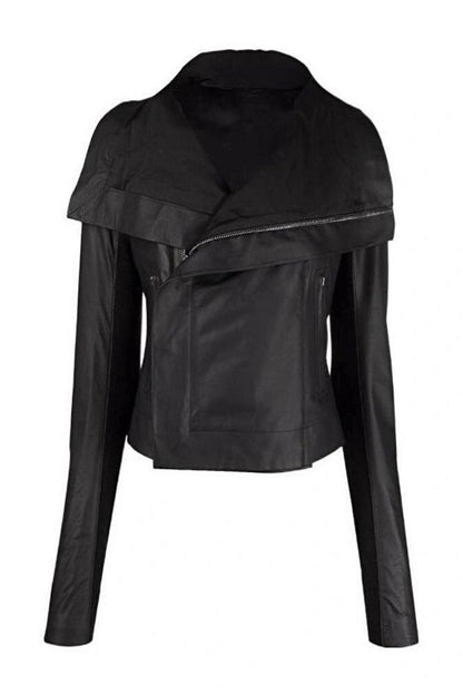 Deconstructed Lapel Waist-fit Short Leather Biker Jacket